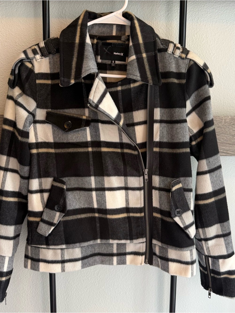 Hurley Black and White Plaid Wool-Blend Peacoat